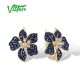 VISTOSO Gold Earrings For Women 9K 375 Yellow Gold Sparkling Lab Created Sapphire White Topaz Blue Lily Flower Fine Jewelry