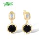 VISTOSO Gold Earrings 14K 585 Yellow Gold Hexagon Black Agate Sparkling Diamonds Gift Trendy Jewelry